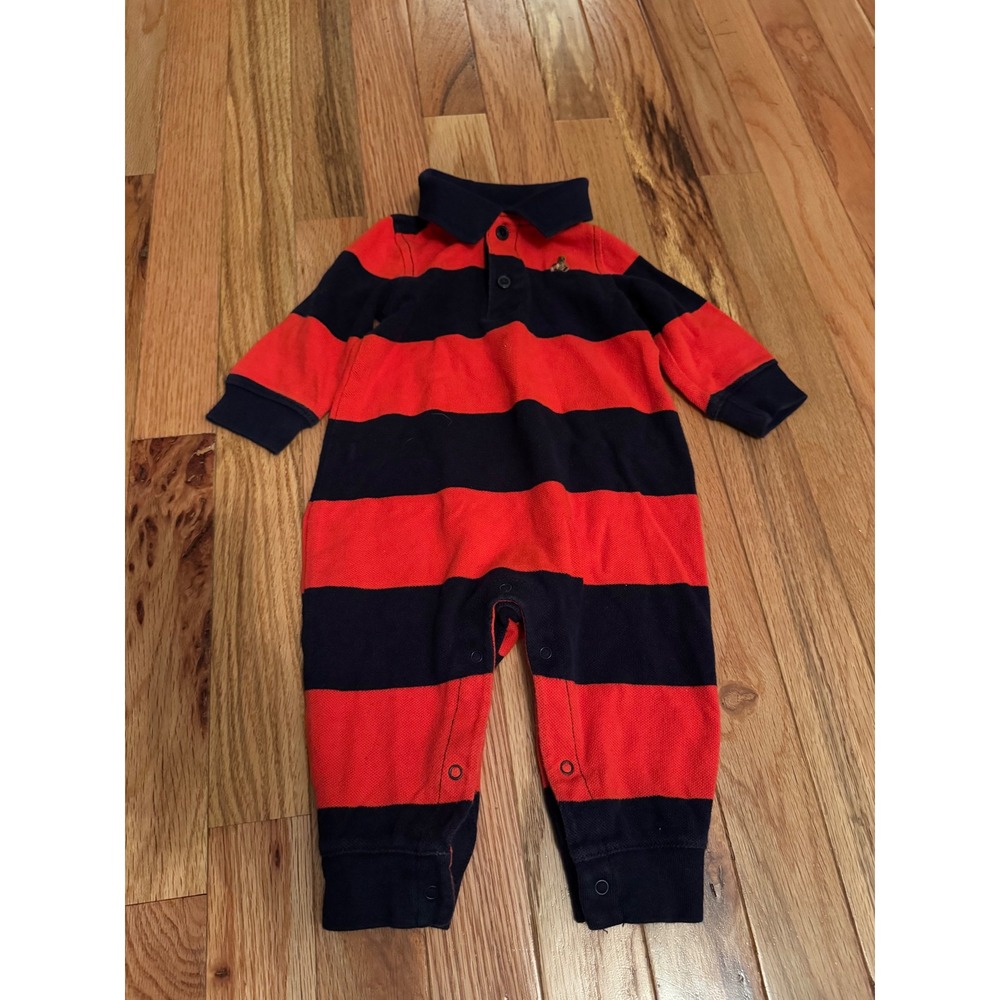Baby Gap Red Navy Blue Striped Long Sleeve Polo Romper Brannan Bear 3-6 Months
